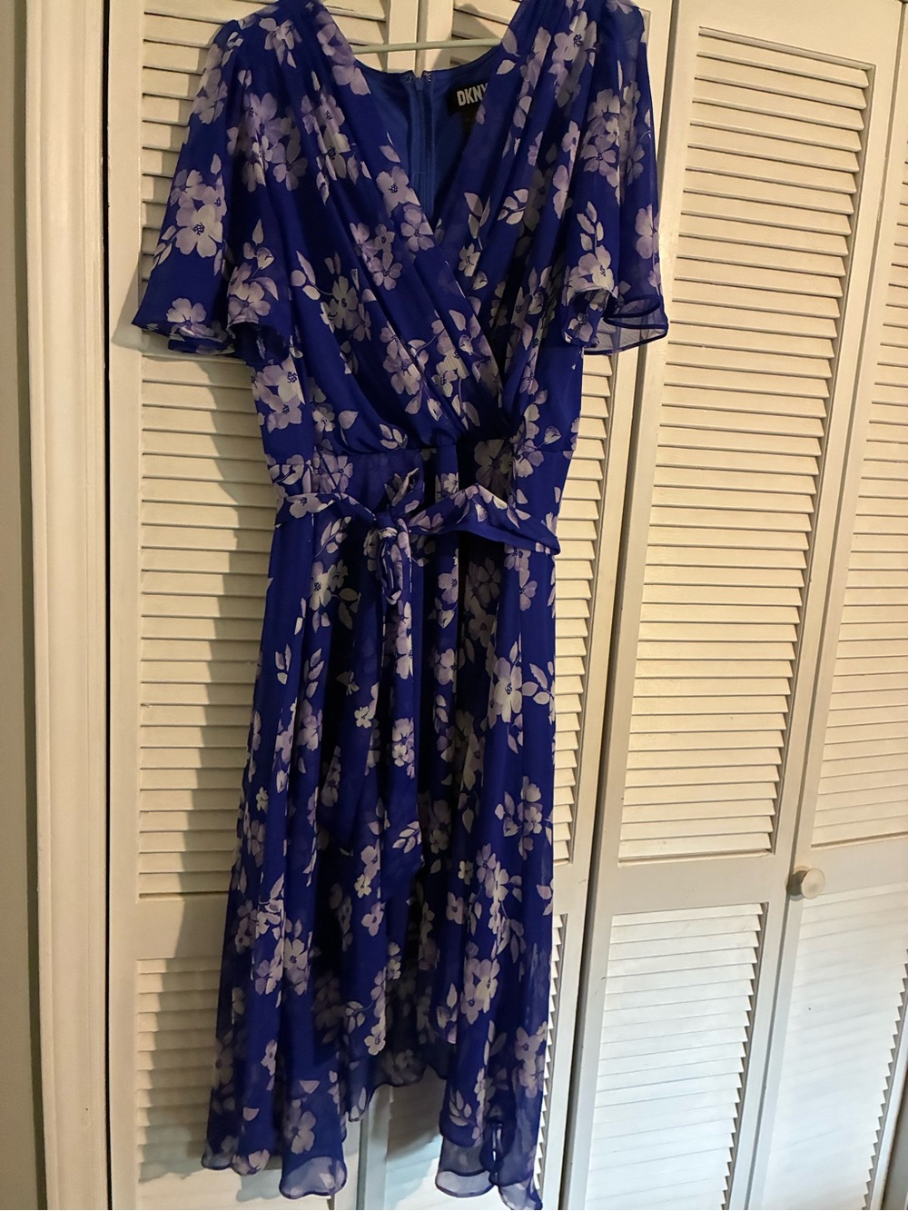 DKNY Royal Blue Floral Wrap Midi Dress